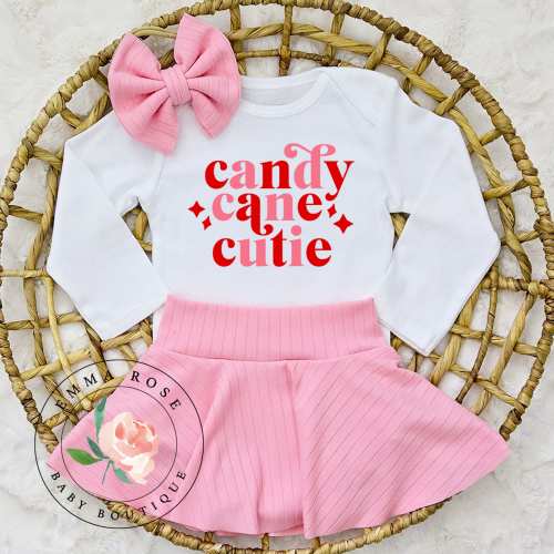 Candy cane cutie Christmas outfit girl, winter clothes, newborn christmas, pink skirt, pink christmas dress, skirted bummies, infant girl