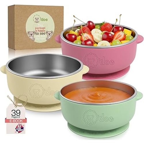 o'doe Baby Bowls – Stainless Steel Baby Feeding Bowls with Suction | Non-Slip Toddler Bowls for Self Feeding | BPA-Free Kids Bowls for Baby Food | Stainless Steel Bowls Kids