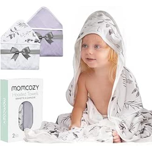 Momcozy Hooded Baby Towel, 2 Pack Bamboo Cotton Bath Towel with Hooded, Large 36 X 36 Inch, Baby Towel Set for Boy or Girl,Infant and Kid, Ink Wash Leaves : Baby