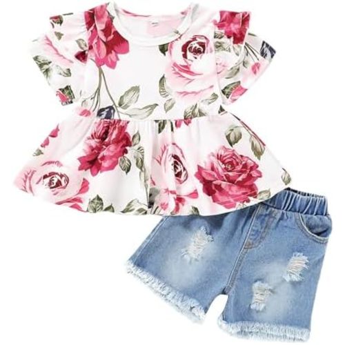 Mikrdoo Baby Girl Clothes Toddler Girl Summer Outfits Shirts Tops Ripped Denim Shorts Set Little Girl Clothes