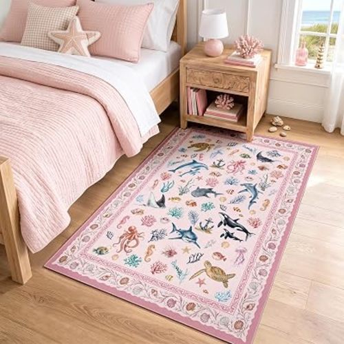 Arenarug 3x5 Kids Playroom Rug Washable Coastal Nursery Rug, Blush Pink