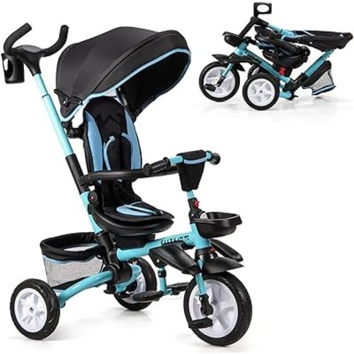 BABY JOY Tricycle, 7 in 1 Folding Toddler Bike w/Removable Push Handle, Rotatable Seat, Adjustable Canopy, Safety Harness, Storage, Cup Holder, Trike for 1-5 Year Old, Tricycle for Toddlers (Blue)