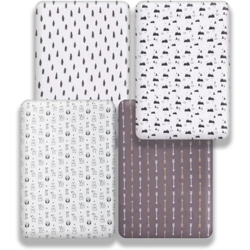 4 Pack Woodland Forest Animals Wood Neutral Unisex Fitted Baby Crib Sheets Set for Baby Boys or Girls Cartoon - White - 52*28