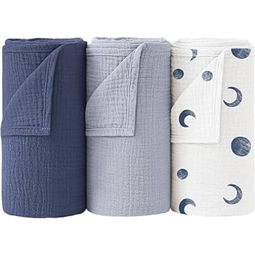 Bearmoss Muslin Swaddle Blankets, 40 x 38 inches Baby Swaddle for Boys and Girls, Soft Baby Blanket, 3 Pack Breathable Nursery Receiving Blankets (Bluemoon)