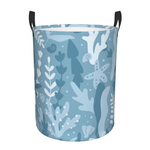 Waterproof Laundry Hamper, Blue Cartoon Ocean Aquarium Pattern with Handle (M)