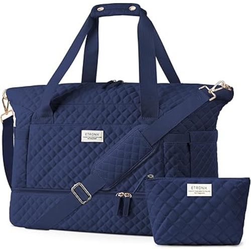 ETRONIK Travel Bag for Women, Gym Duffel Bag with Shoes Compartment, Weekender Overnight Bag with Wet Pocket for Women Travel Gym Daily Use (Dark Blue)