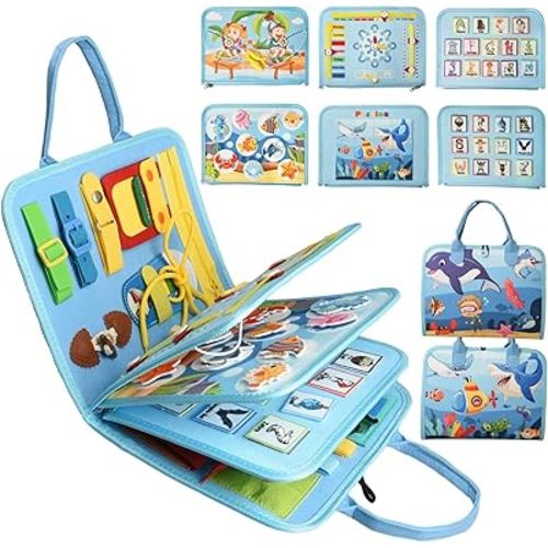 Busy Board Montessori Toys for 1 2 3 4 Year Old Boys & Girls Birthday Gifts, Toddlers Sensory Educational Travel Activities Busy Book with Fishing Game & Alphabet Puzzle & Fine Motor Skills