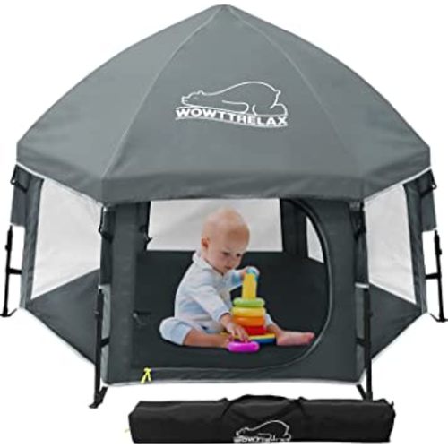 WOWTTRELAX Portable Baby Playpen, Large Foldable Baby Tent W/UV Canopy Sun Shade for Baby & Toddlers, Lightweight Baby Playard for Indoor Outdoor
