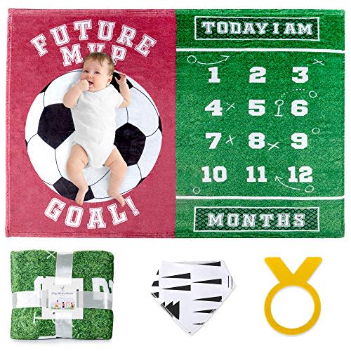 SUKOON Monthly Milestone Blanket for Baby Boy/Girl | Soccer Theme | Includes Frame and Bib | Large | 47"x40" | Personalized Baby Month Blanket for Newborn Baby Shower