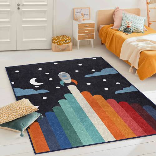 Travel To Space Kid's Room Rug|Rocket Themed Navy Blue Nursery Mat|Bestselling Children's Carpet|Boys Room Decor|Rectangle Handmade Kids Rug