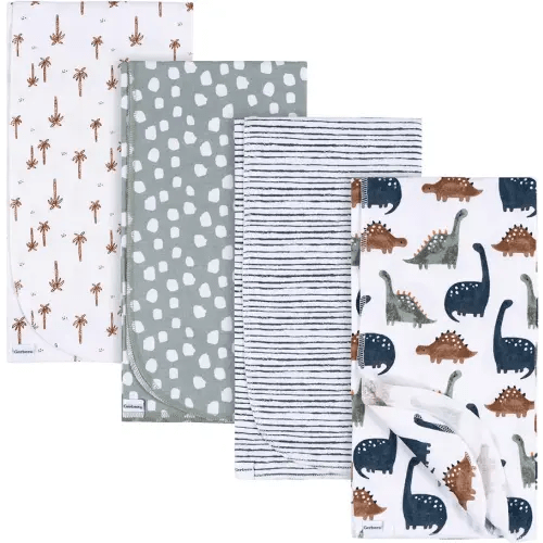 Gerber Unisex Baby 100% Cotton Flannel Receiving Blankets 30x30 Inches (Pack of 4), Dino Time, One Size