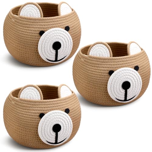 Uiifan 3 Pcs Baby Laundry Basket Bear Cute Round Cotton Rope Basket for Newborn Items Storage, Clothes, Toy, Blankets, Towels, Nursery, 9.45 x 9.45 Inches, Brown