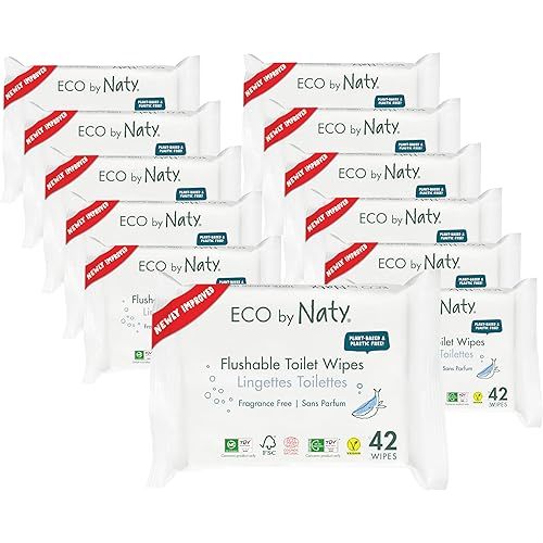 Eco by Naty Flushable Baby Wipes - Compostable and Plant-Based Wipes, Chemical-Free and Hypoallergenic Baby Wipes Safe for Baby Sensitive Skin, 42 Wipes Per Pack (12 Pk)