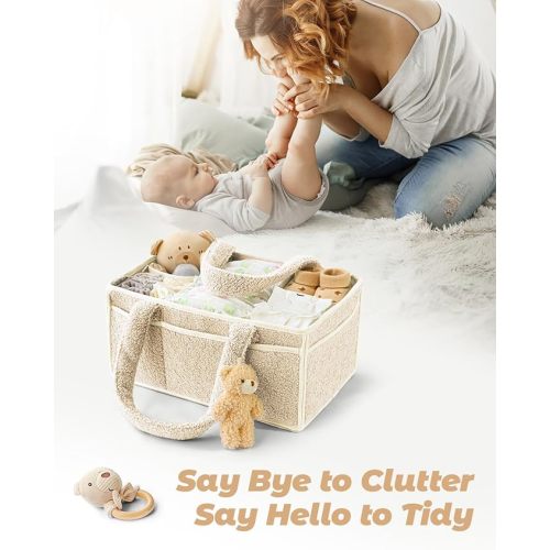 Organiseur de couches avec poignée – Panier portable essentiel pour bébé pour table à langer, chambre d'enfant et voyage | Organiseur de couches pour nouveau-nés et nourrissons (beige)