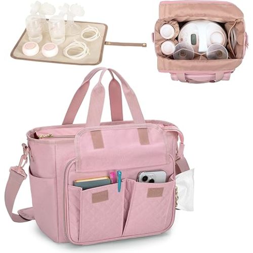 LUXJA Breast Pump Bag Compatible with Spectra S1 and S2 (with a Waterproof Mat), Pumping Bag for Breast Pump and Extra Parts, Pink