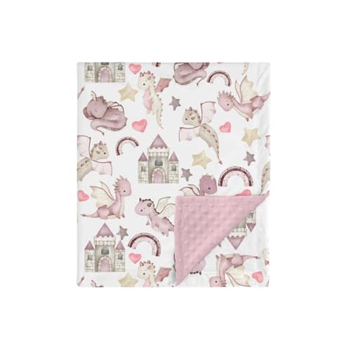 HawSkgFub Pink Purple Dragon Castle Mink Baby Blankets with Dotted Backing Girls Shower Gift, Cute Flying Dragons Double Layer Nursery Swaddle, Soft Newborn Infant Toddler Bed Crib Bedding 30 x 40