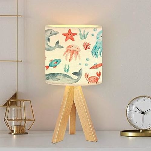 Tripod Table Lamp Ocean Animals Fish Modern Bedside Dimmable Desk lamp Wooden Base Fabric Lampshade for Kids Room, Nursery, Bedroom, Living Room