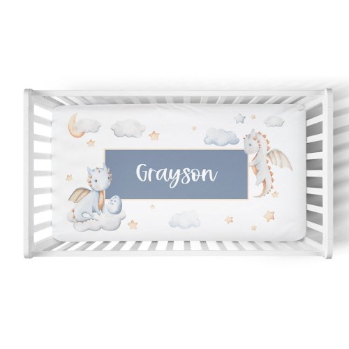Personalized Dragon Crib Sheet with Name- Custom Dragon Crib Bedding. Dragon Baby Boy Shower Gifts. Dragon Nursery- Magical Baby Boy Bedding