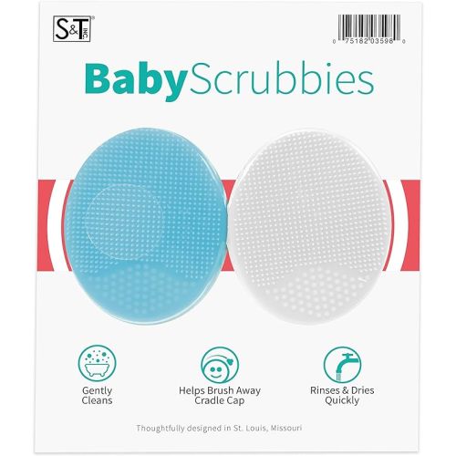 S&T INC. Exfoliating and Massaging Cradle Cap Bath Brushes for Baby, Silicone - 2 Inch x 2.5 Inch, Blue and White, 2 Pack