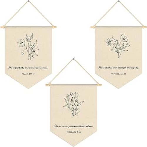 3 Pcs Nursery Scripture Bible Verse Christian Botanical Decor Canvas Hanging Pennant Flag Banner Floral Wall Signs for Bedroom Playroom Front Door Kids Baby Boy Girl Birthday Christmas Gift