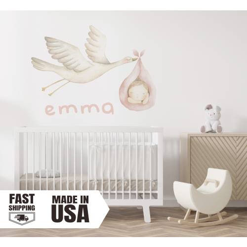 Welcome New Baby Custom Nursery Wall Decal, Stork Bringing Baby, Custom Name Wall Decal