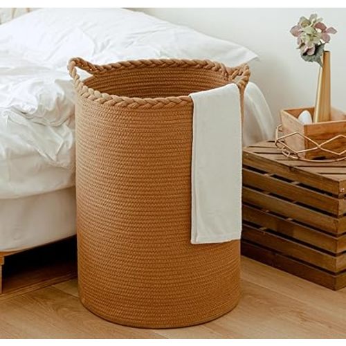 58L Cotton Woven Laundry Hamper,Foldable Laundry Basket for Blankets,Pillows,Toys,Shoes Tall CLothes Hamper Laundry Bin Light Brown 20''H 15''D