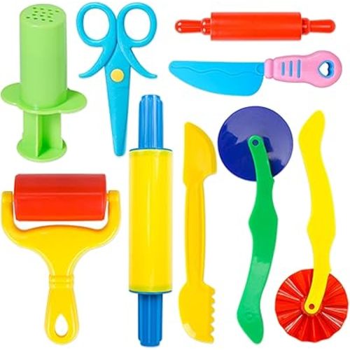 Dough Tool Kit,9 Pcs Basic Clay and Dough Tools Starter Set for Kids Includes Cutters Roller, Rolling Pins, Safety Scissors,Dough Extruder,Plastic Knife