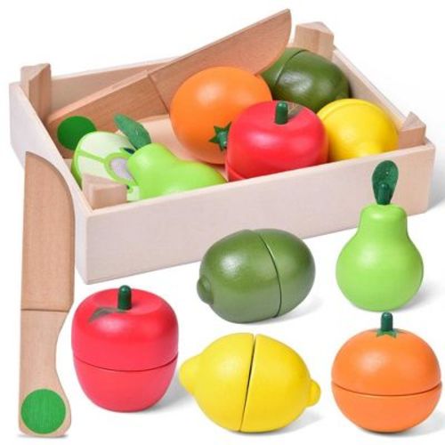 Fun Little Toys 11 Pcs Wooden Play Food, Pretend Kitchen Toys for Toddlers, Color Sorting Educational Gifts for Boys & Girls Ages 3-12