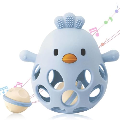 2-in-1 Baby Teething Rattle Toy, Sensory Grasping Teether for Infants 3-12 Months, 100% Food-Grade Silicone, Easy to Hold, Soothing & Developmental, BPA Free