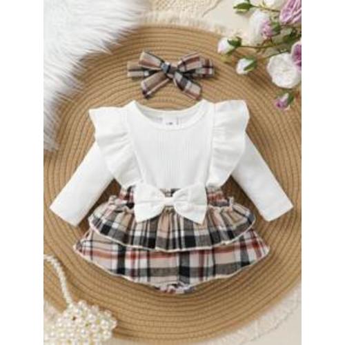 2pcs Toddler Baby Girls' Elegant & Sweet Grid Patterned Dress Set With Bowknot & Ruffled Hem, Including Headband, Suitable For Casual, Daily, Vacation, And Parties