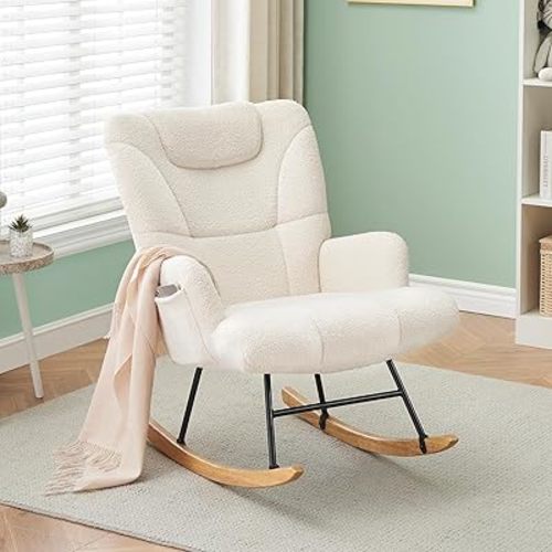 Rocking Chair, Glider Rocking Chair Nursery with Padded Seat, Nursery Rocking Chairs with Pocket & High Backrest, Modern Rocking Accent Chair for Living Room,Nursery, Bedroom
