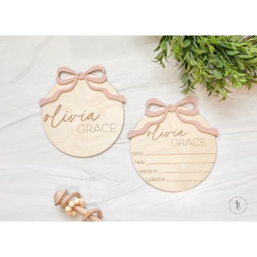 Bow Baby Announcement Sign With Birth Stats | Matching Name Plate | Baby Girl Birth Announcement | Personalized Baby Name Sign