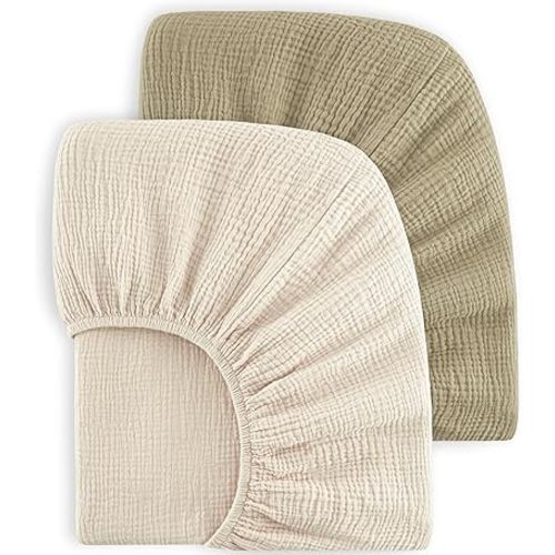 Bearmoss Muslin Crib Sheets 100% Cotton Baby Crib Sheets Fitted for Standard Crib Mattress & Toddler Bed Mattress 52"x28" Soft Breathable Crib Sheet Neutral for Boys Girls - 2 Pack (Oat Latte)