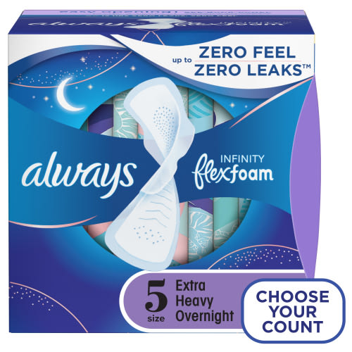 Always Infinity Feminine Pads, Size 5 Extra Heavy Overnight, with Wings, 30 ct