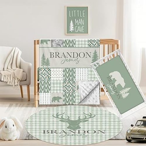 Custom Baby Girl Crib Bedding Set 3 Pcs, Mini Green Woodland Crib Bedding Set for Boys, Ultra Soft Double Layer Blanket & Girl Crib Sheets, Personalized Gift for Newborn Infant Toddler Nursery