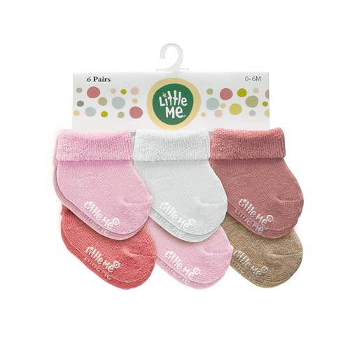 Little Me Baby Socks – 6-Pack Terry Turn Cuff Socks for Newborns, Infants & Babies, 0–6 Months