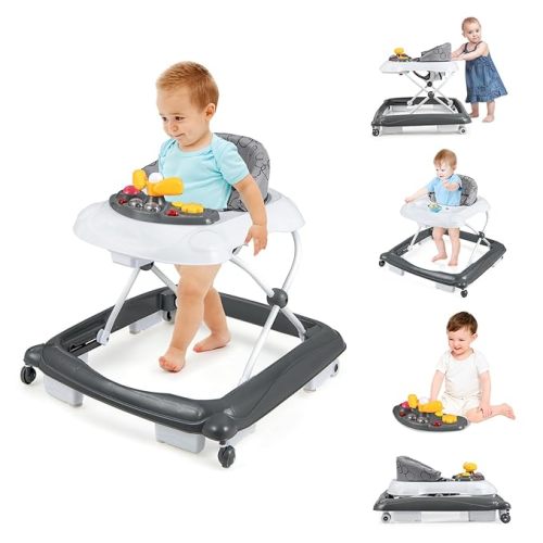 BABY JOY Baby Walker, 4 in 1 Foldable Activity Walker with Adjustable Height, Music, Lights, Anti-Rollover Toddler Push Walker, Baby Walker with Wheels for Boys Girls 7-14 Months (Gray)