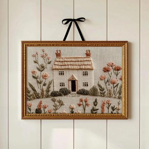 English Cottage Embroidery Art Print | Countryside Wall Art | Cottagecore Home Decor
