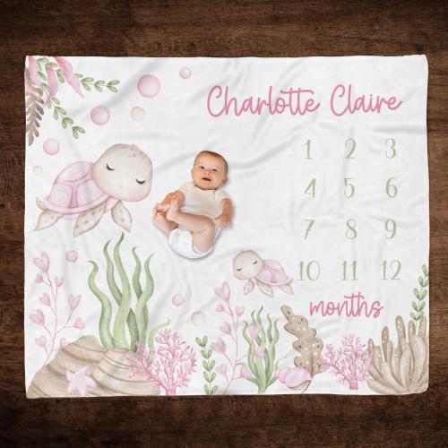 GIRL SEA TURTLE Milestone Blanket Personalized Pink Sea Turtle Growth Blanket, Baby Girl Custom Milestone, Pink Under the Sea Girl Keepsake