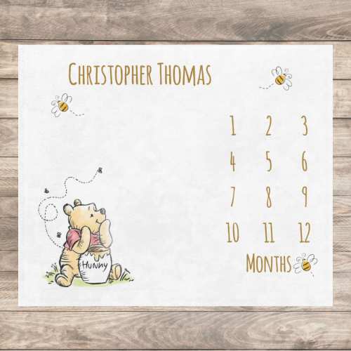 Classic Winnie Bear Baby Milestone Blanket Boy, First Year Calendar Monthly Growth Blanket Girl, Personalized Name Month Baby Shower Gift