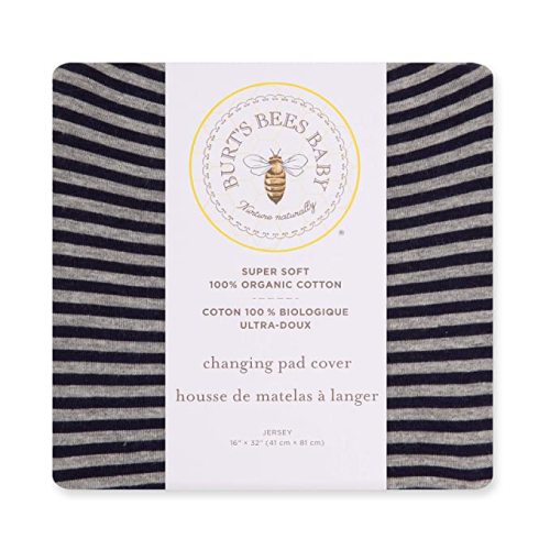 Burt's Bees Baby - Changing Pad Cover, 100% Organic Cotton Changing Pad Liner for Standard 16" x 32" Baby Changing Mats - Jersey Knit - Navy Stripe