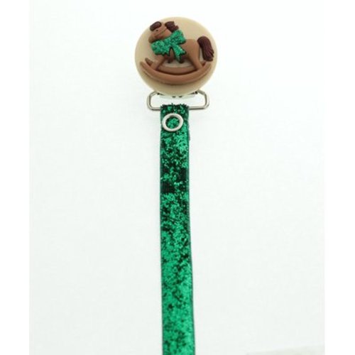 Green Glitter & Brown Rocking Horse Pacifier Clip