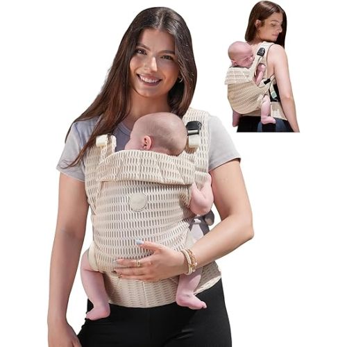 GROWNSY Baby Carrier Newborn to Toddler, Breathable Mesh Carrier(7-44lbs) with One-Click Sliding Clasp, Head Support, Ergonomic Design and Hands-Free Comfort, Almond Beige