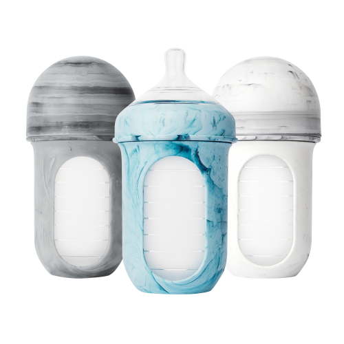 Boon NURSH Reusable Silicone Pouch Baby Bottles, Medium Flow Stage 2, 8 Oz, Marble, Pack of 3