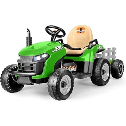 12V 7AH Ride on Tractor w/Tiltable Trailer & Remote Control, 2x45W Motors, Bluetooth, Music, Shifter, Electric Car for Kids Ages 2-5, Green