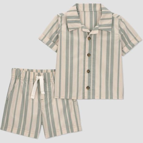 Carter's Just One You® Baby Boys' 2pc Striped Button-Down Shirt and Shorts Set - Cream/Green 3M