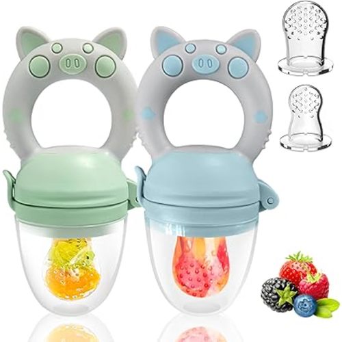 Baby Solids/Frozen Fruit Feeder Pacifier, Infant Teether Toy 4M+, BPA-Free Silicone Pouch & Nipple, Safely Introduce Solids, Teething Relief, 2-Pack - Gray (Piglet)