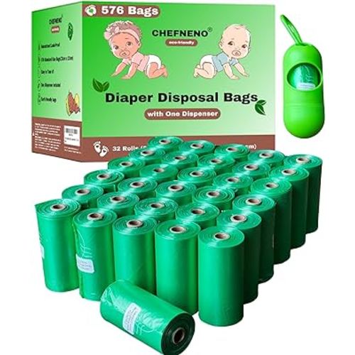Baby Diaper Bag Disposable Biodegradable 32 Refill Rolls with Dispenser (576 Sacks) Diaper Sack Disposable Bags Sanitary Pad Waste Bags (576 Bags)