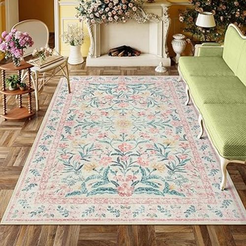 Lahome Pink Washable Rugs for Bedroom Girls 6x9, Boho Floral Living Room Rugs Non-Slip, Soft Low-Pile Nursery Carpet for Dining Room Kids Room Dorm, Blush