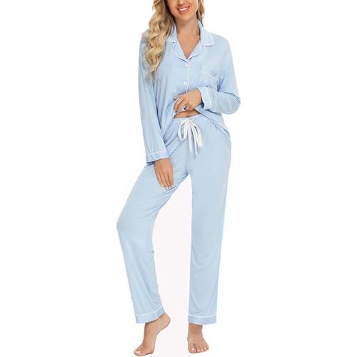 Anjue Pajamas for Women Soft Button Up Pajama Set Long Sleeve Shirt and Pajama Pants Lounge Sets S-XXL